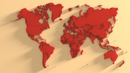 World map. Red continents.  3d rendering