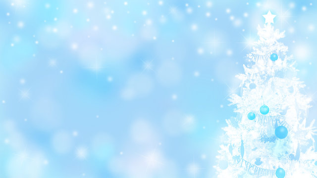 真っ白なクリスマスツリーと粉雪のバックグラウンド