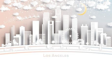 Los Angeles USA City Skyline in Paper Cut Style with Snowflakes, Moon and Neon Garland.