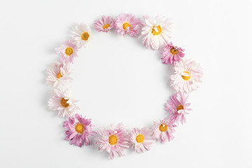wreath made of flowers. composition pink chrysanthemums on a white background.minimal concept, flat lay, top view.