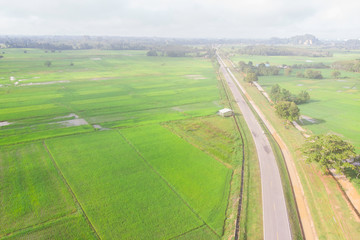 country road and green grass field aerial view