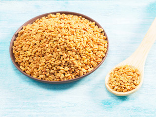 Fenugreek in clay plate and spoon on a blue background. Indian cuisine, ayurveda, naturopathy, modern apothecary concept