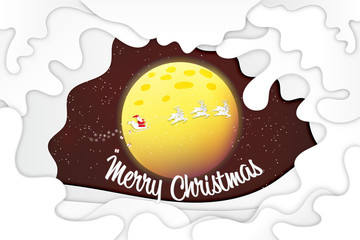 Paper art and craft style of Santa Claus on Sleigh and reindeers on the snow layer background as holiday and x'mas day concept. vector illustration EPS10.