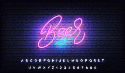 Beer neon lettering template. Glowing calligraphy sign Beer