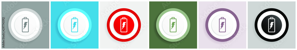 Poster battery icon set, colorful flat design vector illustrations in 6 options for web design and mobile a