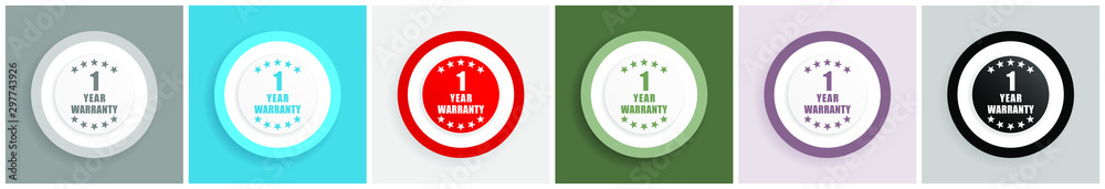 Aufkleber Warranty guarantee 1 year icon set, colorful flat design vector illustrations in 6 options for web design and mobile applications