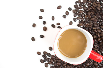 A cup of coffee placed on the coffee bean On a white background with copy space.