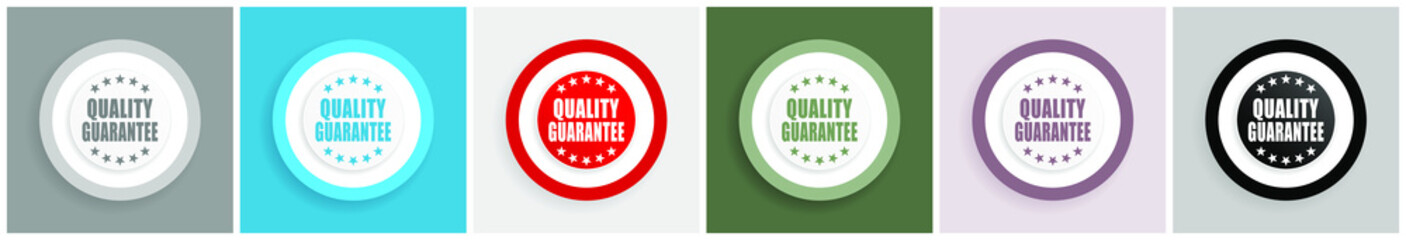 Quality guarantee icon set, colorful flat design vector illustrations in 6 options for web design and mobile applications