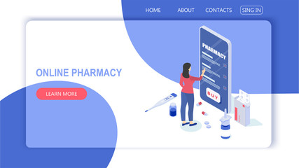 Landing page template with the concept of an online pharmacy. Woman buys medicine. Isometric vector illustration.