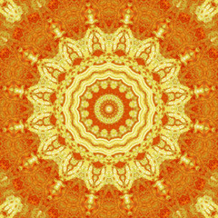Kaleidoscopic geometric ornament in yellow and red tones. Decorative polygonal mosaic pattern. Mandala. Abstract background