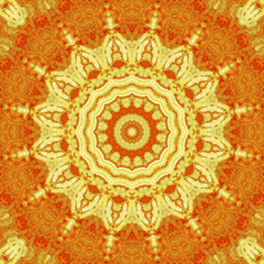 Kaleidoscopic geometric ornament in yellow and red tones. Decorative polygonal mosaic pattern. Mandala. Abstract background