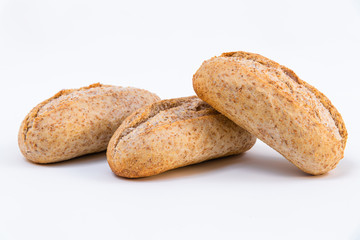 three cereal bread on white background. Food composition