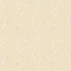 Seamless pattern with realistically painted ink Muscari flowers. Hand drawn illustration on beige background modified to digital source for modern disign, print textile, fabric, wrapping paper