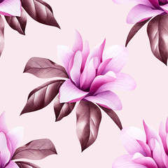 Watercolor magnolia tree pink flower seamless pattern. Isolated hand drawn botanical background.