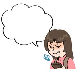 スマートフォンを見ながらいらいらする女子のアイコンと吹き出し