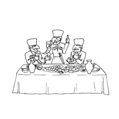 Three mustachioed men in national clothes eat and drink Georgian wine deliciously. Vector illustration of Caucasian traditions. Holiday dinner.