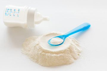 Baby food. Powder in spoon near baby bottle on white background