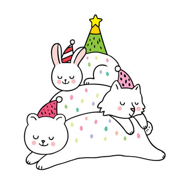 Cartoon cute Christmas, Polar bear and rabbit and snow fox sleeping vector.