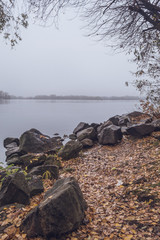 Autumn shore. Autumn landscape with river, big stones and fallen leaves on the ground. Foggy sky over river.