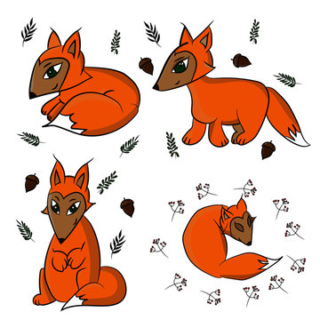 Four autumn cute funny foxes in set.