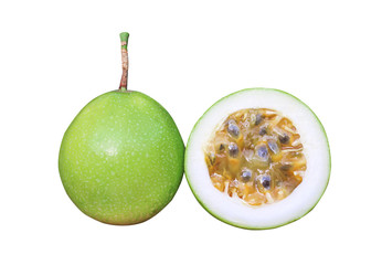 Passion fruit or Passiflora foetida organic with slice texture in vertical shaped patterns isolated on white background , clipping path
