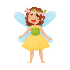 Cartoon fairy in yellow with a green dress. Vector illustration on a white background.