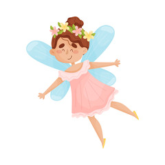 Cartoon fairy in a pink dress flies. Vector illustration on a white background.