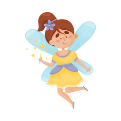 Cute fairy in a yellow dress hold a magic wand. Vector illustration on a white background.
