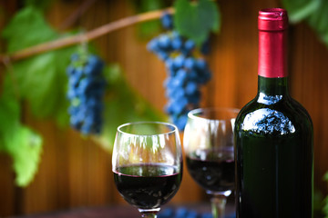 Red wine in bottle and glasses on old rustic barrel with blue grapes in background.