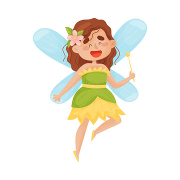 Happy fairy with wings in a green dress with a flower on her head. Vector illustration on a white background.