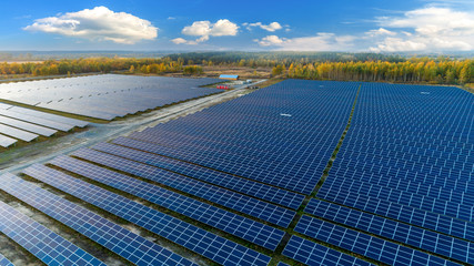 Solar panels in aerial view. Solar panels system power generators from sun