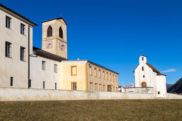 Benedictine Convent of St. John with 1200 years building history in Mustair, a UNESCO site,...