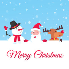 Santa Claus, reindeer and snowman flat style design vector illustration postcard. Symbol of xmas holiday celebration isolated on bright snow background wish you a merry christmas and happy new year.