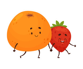 Humanized oranges and strawberries shake hands. Vector illustration.