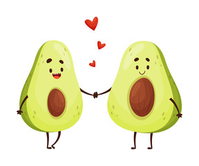 Humanized avocado halves hold hands. Vector illustration.