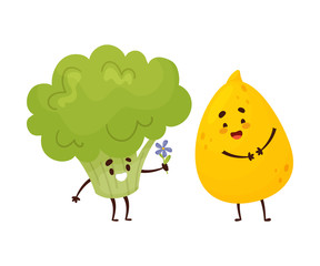 Humanized broccoli gives a flower to a marula.. Vector illustration.