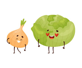 Humanized onions and cabbage are laughing. Vector illustration.