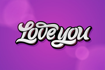 Love you lettering on a dark-lilac background for Valentine's Day greeting cards, invitations, banners, love notes. Editable illustration. Modern callygraphy.