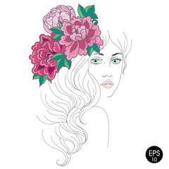 Woman with flowers Vector portrait. Girl with peony. Art illustration