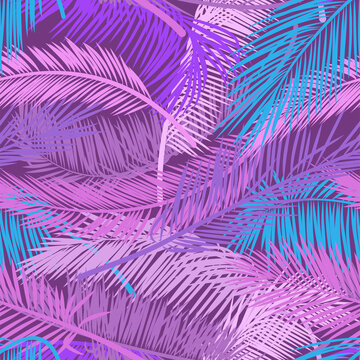 Pink and violet leaves palm tree on dark background. Beautiful seamless tropical floral pattern background. pattern for print design, wallpaper, site backgrounds, postcard, textile, fabric.