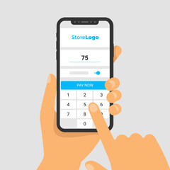 illustration of phone in hand. The application for paying for purchases on smartphone screen. Enter amount on screen keyboard. Finger touch display. flat infographics.