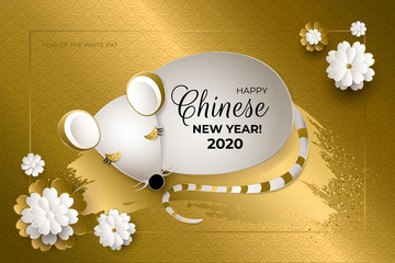 Happy Chinese New Year 2020 year of the rat. White mouse with golden brush stroke, gold glittering and white and gold flowers on gold background. Paper art style. Asian patterns. Vector illustration.