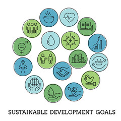 Icons set global business, economics and marketing. The thin contour lines. Sustainable Development Goals.