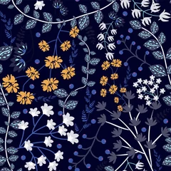 Gordijnen Prachtig vintage bloemmotief in de vele soorten bloemen. Verschillende wilde en tropische bloemen op donkerblauwe achtergrond. Naadloze vector textuur, mode wordt afgedrukt. Afdrukken met in de hand getekende stijl. © Diana  Sityaeva 