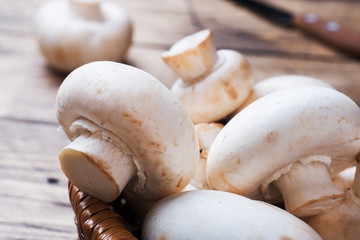 Fresh mushrooms champignons on a wooden background. Close-up Space for text.