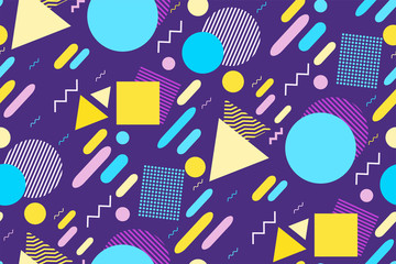 Memphis Hipster Fashion Style Geometric Pattern. Abstract Seamless Pattern with Lines, Circles, triangles, squares and zigzags on a purple background. Vector Illustration. Beautiful neon trendy colors - 297755334