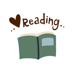 love reading. vector illustration with cartoon book, lettering, heart, decor elements. flat template style. hand drawing. learning and educational