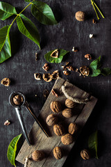 Naklejka premium Walnuts on dark vintage table. healthy food. Old vintage table and leaves from the nut.