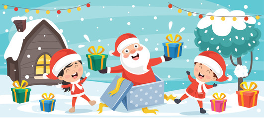 Christmas Greeting Card Design With Cartoon Characters