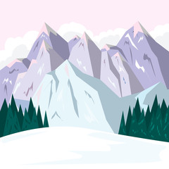 Winter ski resort with a cable car and a holiday house. Illustration in flat style